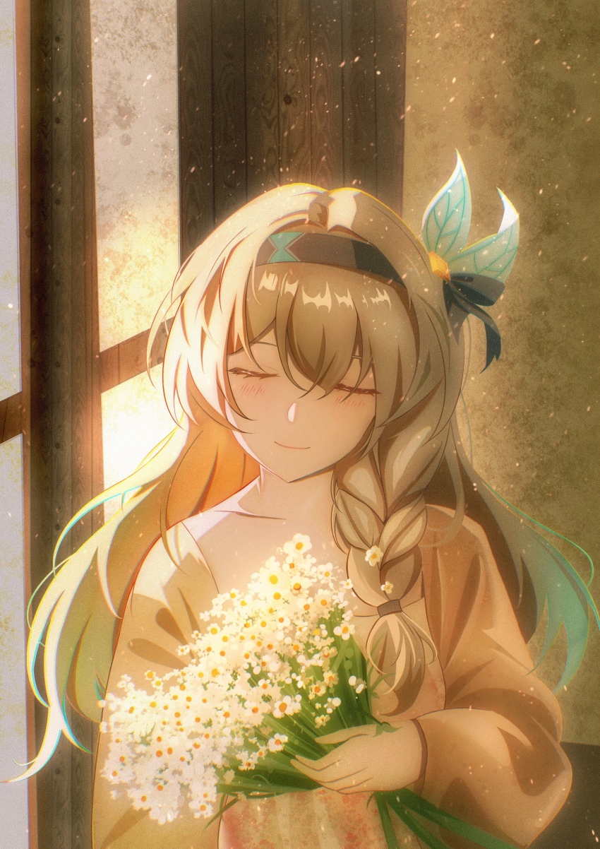 1girl absurdres alternate_costume black_hairband braid closed_eyes collarbone dress euzh266 firefly_(honkai:_star_rail) flower grey_hair hairband highres holding holding_flower honkai:_star_rail honkai_(series) long_hair single_braid solo upper_body very_long_hair white_flower yellow_dress