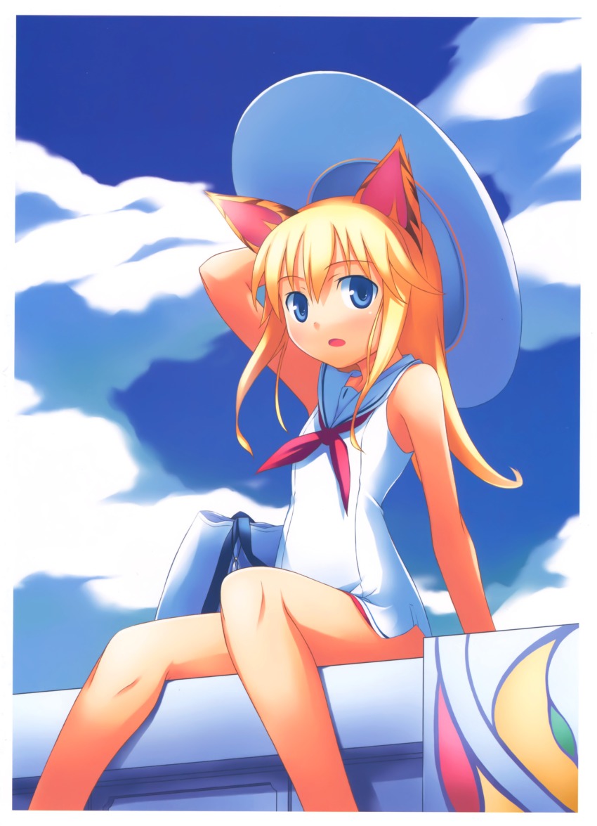 1girl absurdres animal_ears bag bare_legs blonde_hair blue_sky blush cat_ears cloud day dress female_focus hand_on_headwear hat highres long_hair nanakusa open_mouth original short_dress sitting skirt sky solo sun_hat tiger_ears white_dress white_skirt