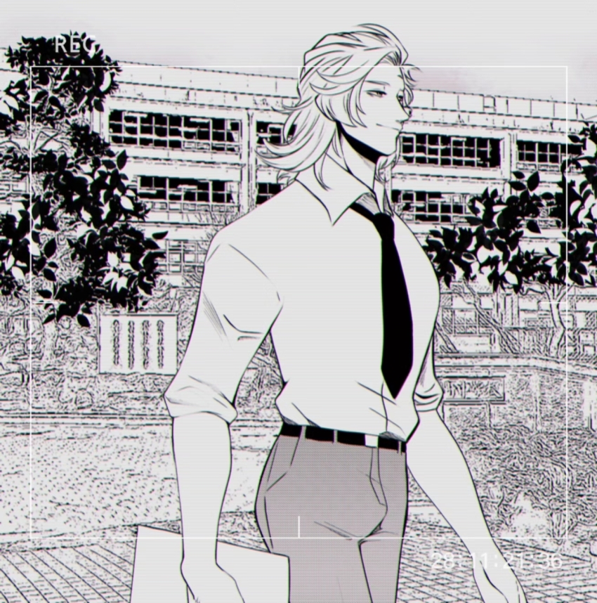 1boy belt choker collared_shirt ear_piercing earrings facial_tattoo forehead_tattoo greyscale hades_(shuumatsu_no_valkyrie) half-closed_eyes highres jewelry leaf_tattoo male_focus monochrome necktie outdoors piercing school shirt short_hair shuumatsu_no_valkyrie sleeves_rolled_up smile solo spiked_choker spikes tattoo walking