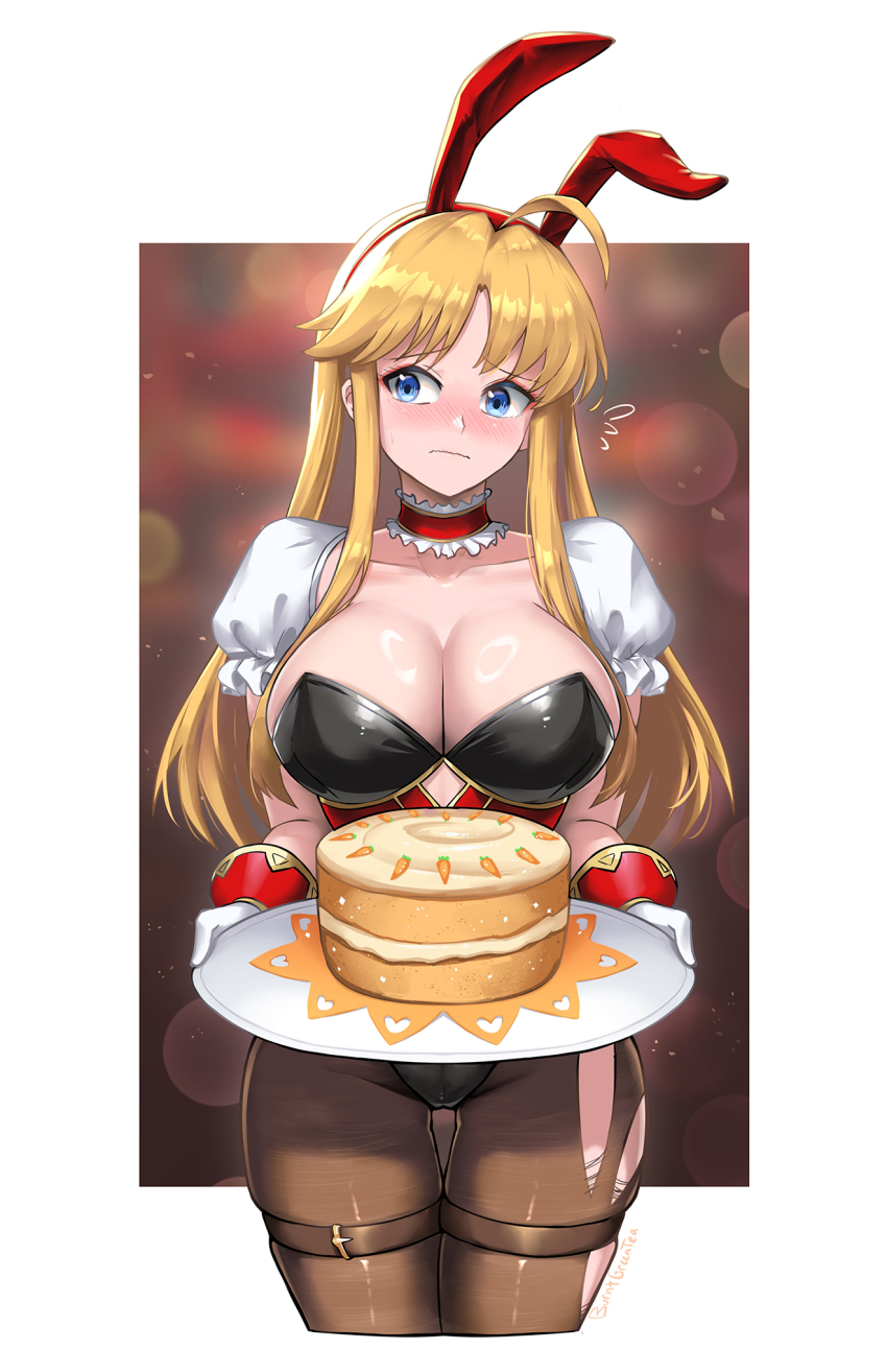 1girl animal_ears black_leotard blonde_hair blue_eyes blush breasts brown_thighhighs burnt_green_tea cake clarisse_(fire_emblem) cleavage detached_collar fake_animal_ears fire_emblem fire_emblem:_new_mystery_of_the_emblem fire_emblem_heroes food gloves highleg highleg_leotard highres holding holding_plate large_breasts leotard long_hair looking_to_the_side nintendo pantyhose plate playboy_bunny puffy_short_sleeves puffy_sleeves rabbit_ears short_sleeves simple_background solo strapless strapless_leotard thigh_strap thighhighs torn_clothes white_gloves wrist_cuffs