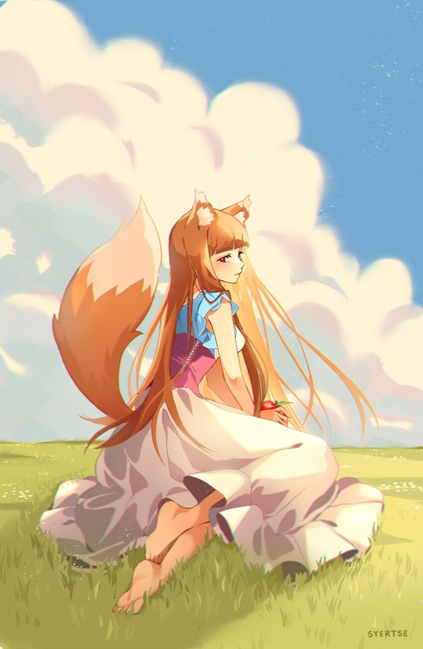 1girl animal_ears apple barefoot blunt_bangs breasts brown_hair cloud cloudy_sky feet food frilled_sleeves frills fruit full_body grass highres holding holding_food holding_fruit holo kneeling long_hair long_skirt medium_breasts nature apple red_eyes short_sleeves skirt sky soles solo spice_and_wolf syertse tail toes white_skirt wolf_ears wolf_girl wolf_tail