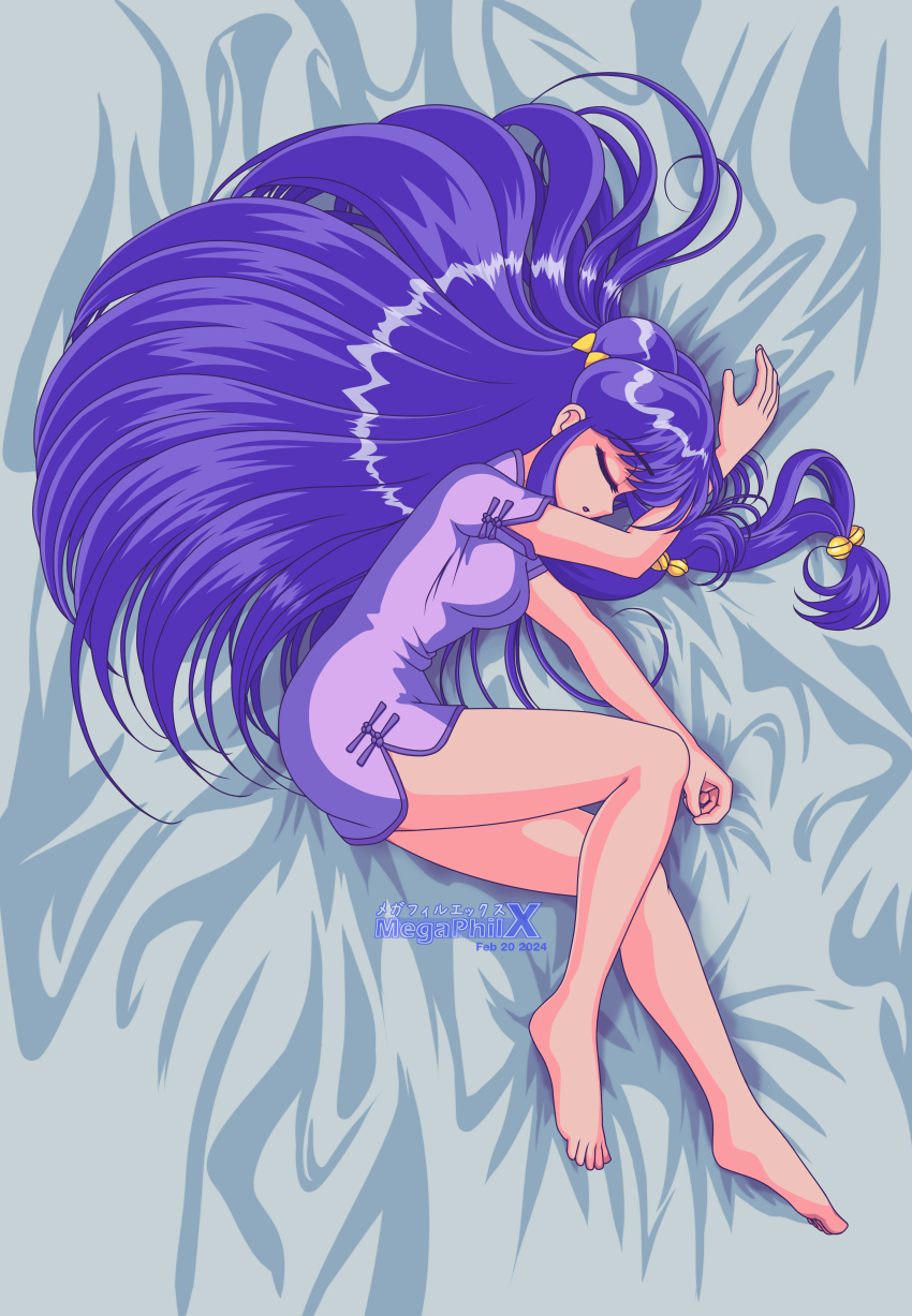 1girl absurdres artist_logo barefoot bell blanket bow china_dress chinese_clothes closed_eyes commentary dress english_commentary full_body hair_bell hair_bow hair_bun hair_ornament highres jingle_bell logo long_hair lying megaphilx on_side purple_dress purple_hair ranma_1/2 shampoo_(ranma_1/2) short_dress sleeping solo toes