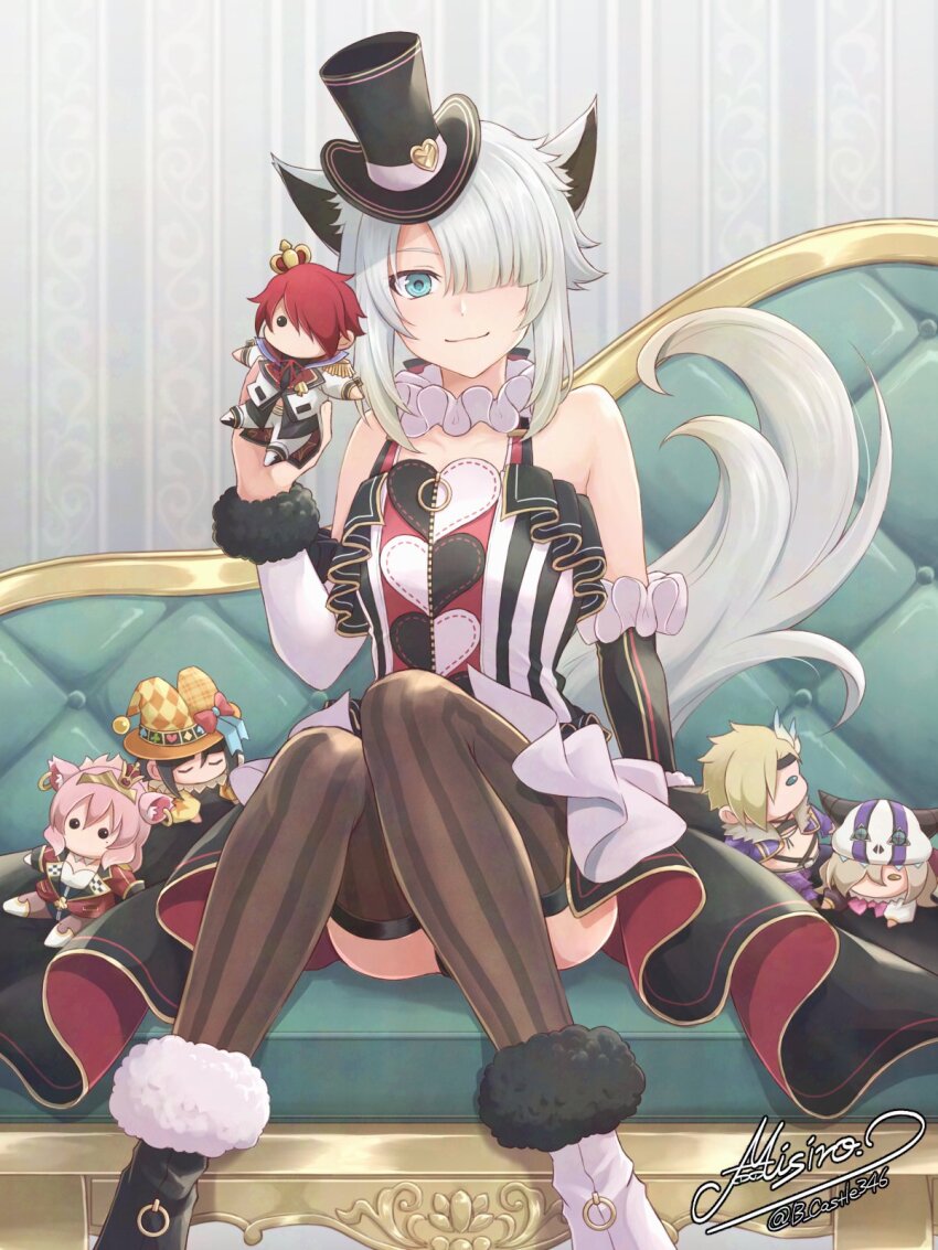 1girl animal_ears bare_shoulders blue_eyes breasts cat_ears cat_girl cat_tail couch crimson_king_(ys) detached_sleeves doll doll_(ys) fur_trim hair_over_one_eye hat hawk_(ys) highres looking_at_viewer mini_hat mini_top_hat mishiro_(andante) parted_bangs raging_bull_(ys) renegade_(ys) short_hair signature sitting small_breasts smile stuffed_toy swept_bangs tail thighhighs top_hat twitter_username white_cat_(ys) ys ys_ix_monstrum_nox