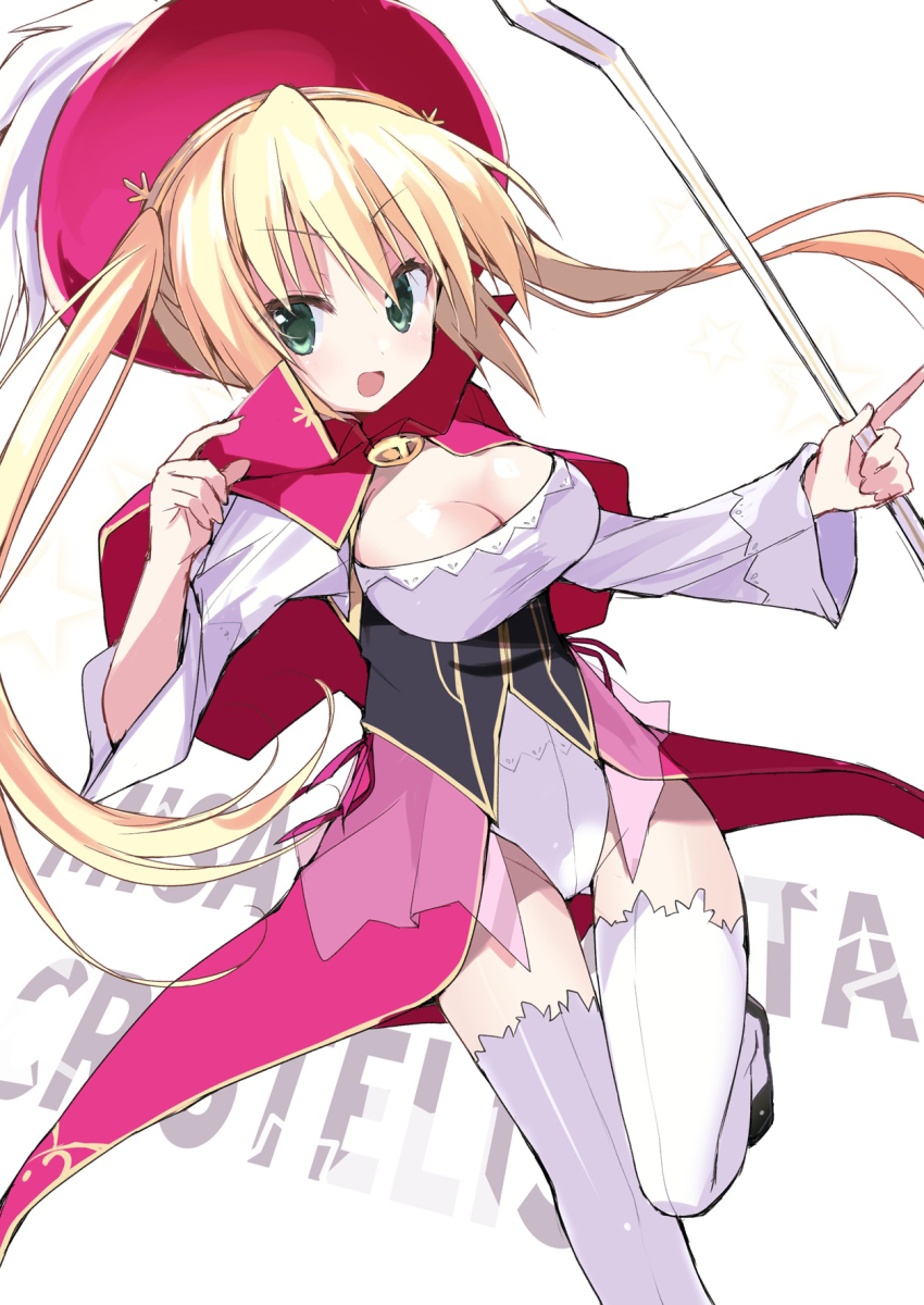 1girl :d blonde_hair blush bow_(weapon) breasts cape character_name cleavage cleavage_cutout clothing_cutout commentary floating_hair foot_out_of_frame green_eyes groin hair_between_eyes hands_up happy hat highres holding holding_bow_(weapon) holding_weapon index_finger_raised large_breasts leotard leotard_under_clothes long_hair long_sleeves looking_at_viewer misa_brigitta_cristelis open_mouth red_cape red_hat sidelocks simple_background smile solo standing standing_on_one_leg takepoison thigh_gap thighhighs twinkle_crusaders twintails very_long_hair weapon white_background white_leotard white_thighhighs wide_sleeves