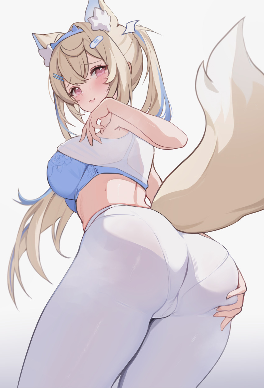 1girl absurdres alternate_costume alternate_hairstyle animal_ear_fluff animal_ears ass bandaid bandaid_hair_ornament bare_arms blonde_hair blue_bra blue_hair blush bra breasts clothes_lift commentary dog_ears dog_girl dog_tail english_commentary from_behind fuwawa_abyssgard hair_between_eyes hair_ornament hairclip highres hololive hololive_english koahri large_breasts long_hair looking_at_viewer looking_back multicolored_hair open_mouth panties_visible_through_clothes pants pantylines pink_eyes shirt shirt_lift simple_background smile solo streaked_hair tail twintails underwear virtual_youtuber white_background white_pants white_shirt