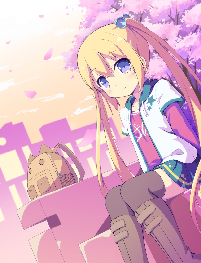 1girl backpack bag blonde_hair blue_eyes boots cherry_blossoms closed_mouth dutch_angle female_focus hair_ornament highres hood hooded_jacket jacket long_hair looking_at_viewer masaki_(machisora) open_clothes open_jacket original outdoors petals pleated_skirt sitting skirt smile solo thighhighs twintails