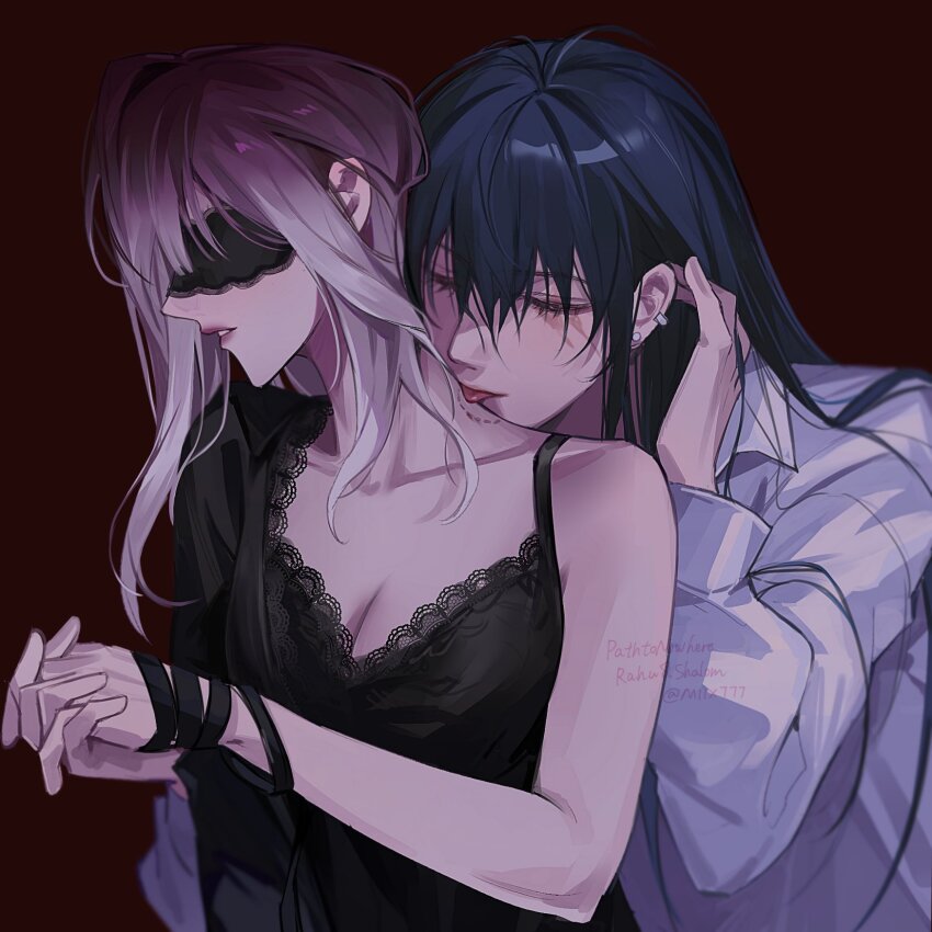 2girls bite_mark bite_mark_on_neck black_camisole black_hair blindfold camisole character_name closed_eyes commentary copyright_name earrings gradient_hair highres jewelry licking licking_another&#039;s_neck long_sleeves miix777 multicolored_hair multiple_girls parted_lips path_to_nowhere purple_hair rahu_(path_to_nowhere) red_background red_lips scar scar_across_eye shalom_(path_to_nowhere) shirt simple_background symbol-only_commentary twitter_username upper_body white_hair white_shirt yuri