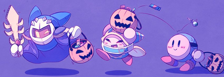 arms_up bad_id bad_pixiv_id basket candy cape cardboard closed_eyes cosplay costume costume_switch falling floating food gloves halloween halloween_costume highres holding holding_basket holding_sword holding_weapon kirby kirby&#039;s_dream_land kirby_(series) magolor mask meta_knight nintendo no_humans one_eye_closed open_mouth purple_background purple_cape rayman_limbs running simple_background smile sweatdrop sword violet_mood walking weapon white_gloves yellow_eyes