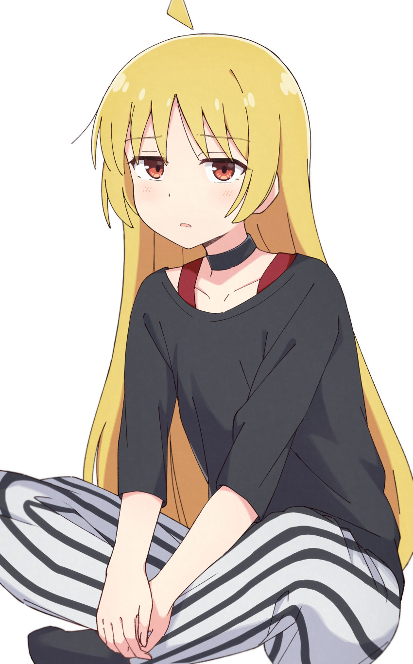 1girl absurdres ahoge black_choker black_pants black_shirt black_socks blonde_hair bocchi_the_rock! bra_strap choker collarbone commentary_request detached_ahoge full_body highres ijichi_seika indian_style long_hair looking_at_viewer mimori_(mimori_05) pants parted_lips red_eyes shirt sidelocks simple_background sitting sleeves_past_elbows socks solo striped_clothes striped_pants vertical-striped_clothes vertical-striped_pants very_long_hair white_background white_pants