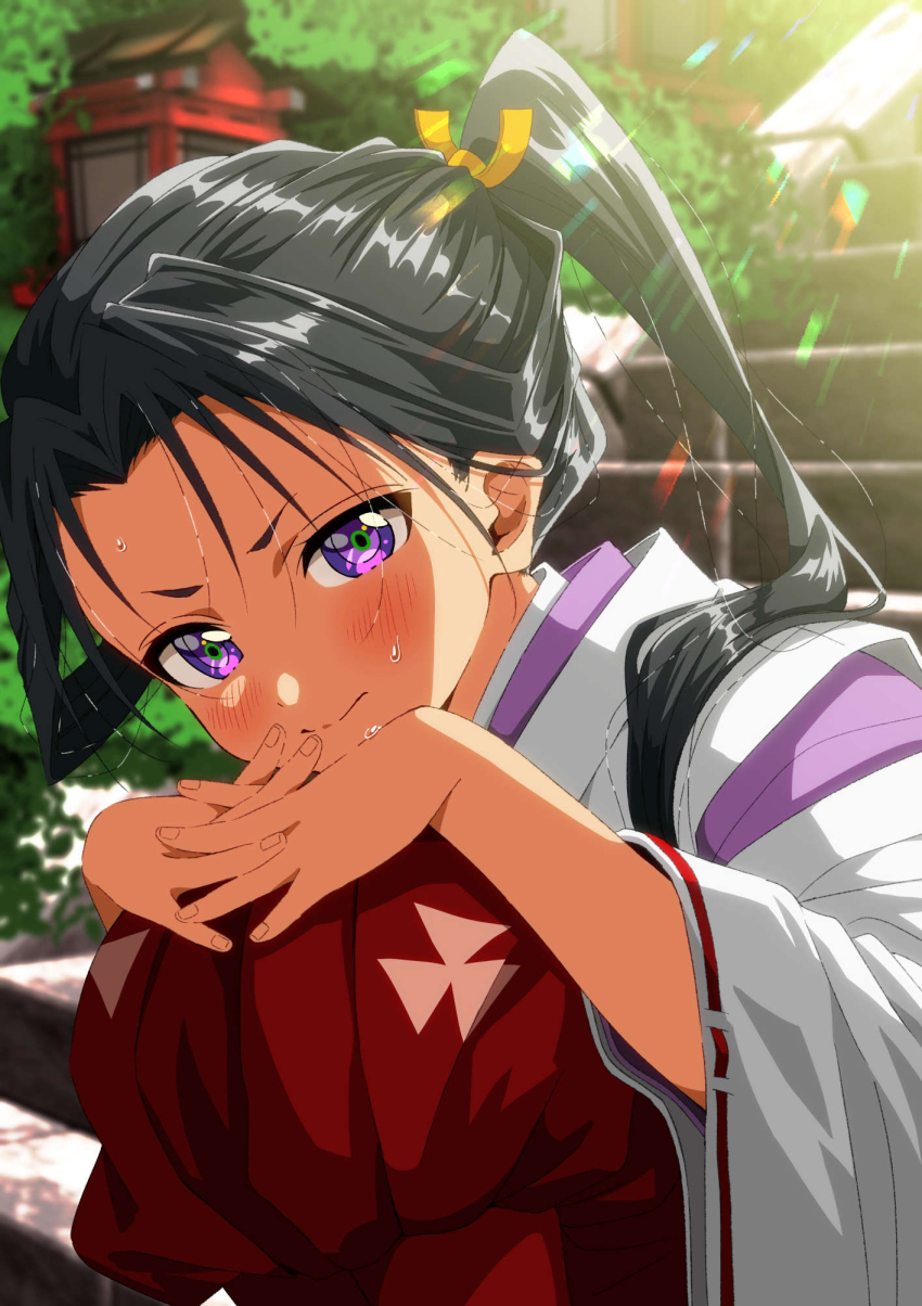 1boy black_hair blurry blush bush depth_of_field frown furrowed_brow hakama hands_on_own_knees highres houjou_tokiyuki_(nige_jouzu_no_wakagimi) interlocked_fingers japanese_clothes kariginu kimono light_rays long_hair long_sleeves looking_at_viewer nige_jouzu_no_wakagimi parted_bangs purple_eyes red_hakama ribbon-trimmed_sleeves ribbon_trim sidelocks_tied_back sitting sitting_on_stairs stairs stone_lantern stone_stairs sunbeam sunlight sweat user_jggc5253 wide_sleeves