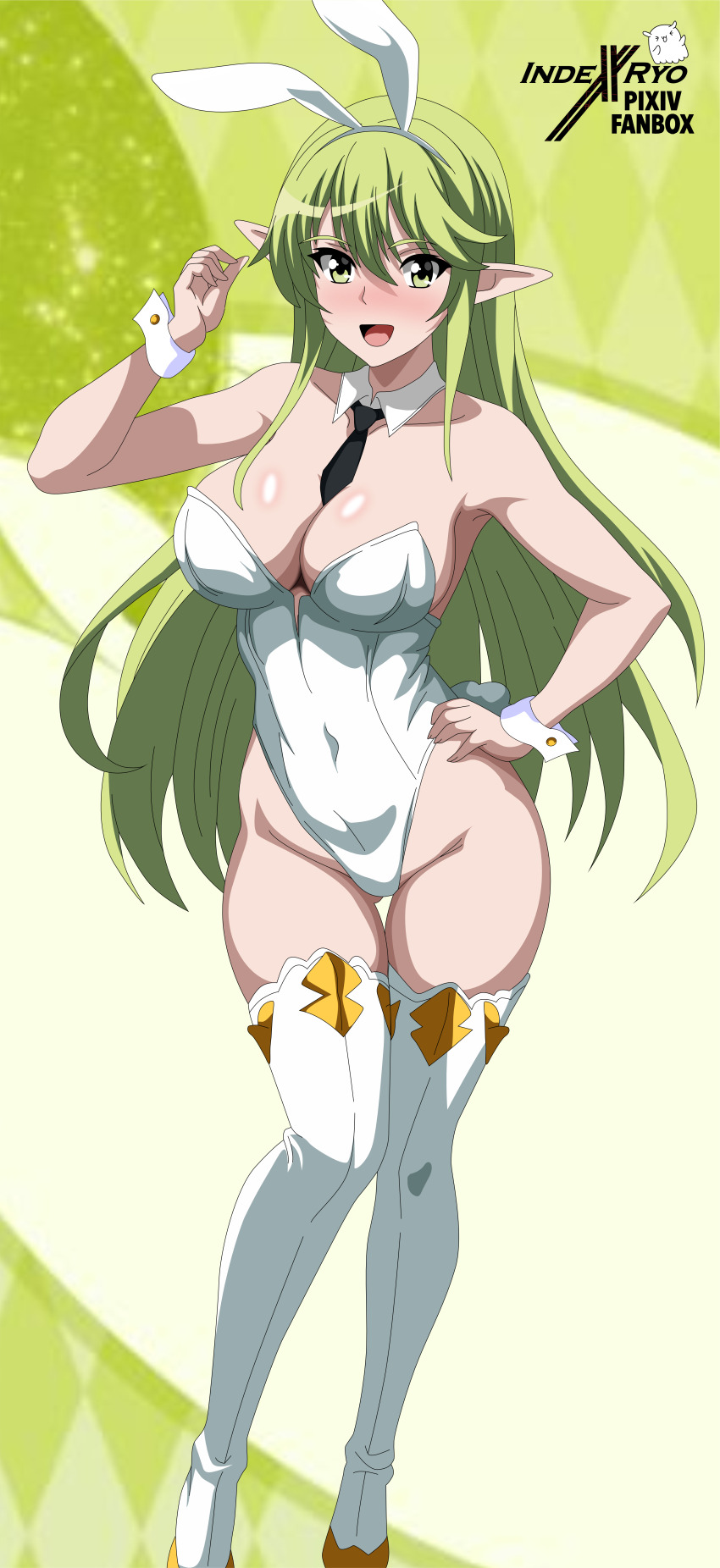 absurdres animal_ears bare_shoulders between_breasts black_necktie boots breasts covered_navel detached_collar elf elsword fake_animal_ears green_eyes green_hair hand_on_own_hip highres indexryo large_breasts leotard long_hair necktie necktie_between_breasts playboy_bunny pointy_ears rabbit_ears rabbit_tail rena_erindel strapless strapless_leotard tail thigh_boots white_leotard wind_sneaker_(elsword) wrist_cuffs