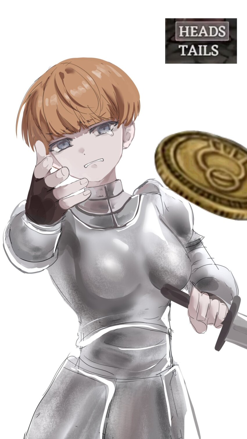 1girl armor blunt_bangs boobplate bowl_cut breastplate brown_gloves clenched_teeth coin coin_flip commentary crying crying_with_eyes_open d&#039;arce_(fear_&amp;_hunger) english_text fear_&amp;_hunger fear_&amp;_hunger_(series) fear_&amp;_hunger_1 fingerless_gloves gameplay_mechanics gloves grey_eyes highres holding holding_sword holding_weapon knight lilio meme orange_hair outstretched_arm short_hair simple_background solo sword tears teeth upper_body weapon white_background woe_plague_be_upon_ye_(meme)