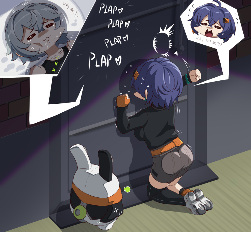 1boy 2girls :3 =_= absurdres ahoge anby_demara ass belle_(zenless_zone_zero) black_shirt black_thighhighs blue_hair chibi clenched_hands closed_eyes fingerless_gloves gloves grey_skirt highres implied_sex indoors kneeling miniskirt multiple_girls orange_gloves shirt shoes short_hair single_glove single_thighhigh skirt thighhighs vilde_loh_hocen wise_(zenless_zone_zero) zenless_zone_zero