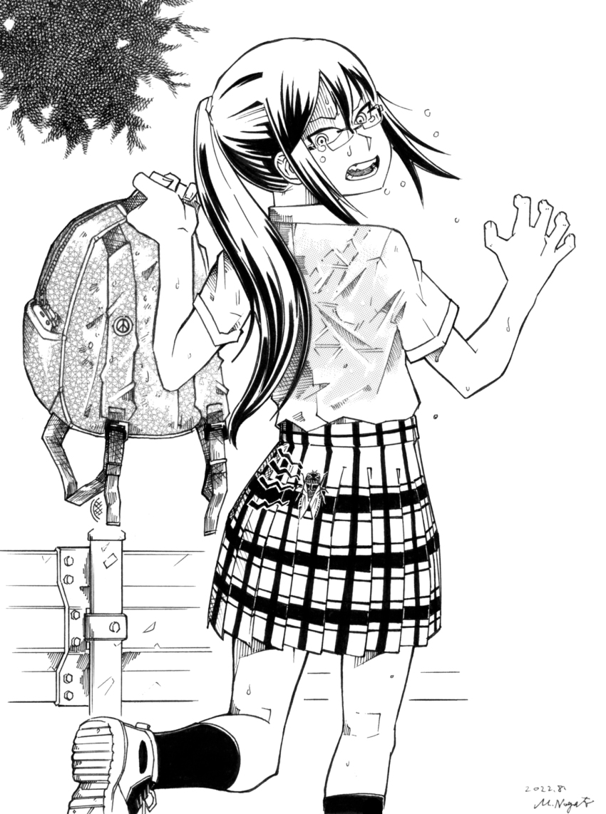 1girl @_@ backpack bag borrowed_character bug commentary_request dated glasses greyscale highres holding holding_bag looking_back miniskirt monochrome nagato_mikasa open_mouth original plaid_clothes plaid_skirt pleated_skirt ponytail school_uniform signature skirt solo standing standing_on_one_leg traditional_media