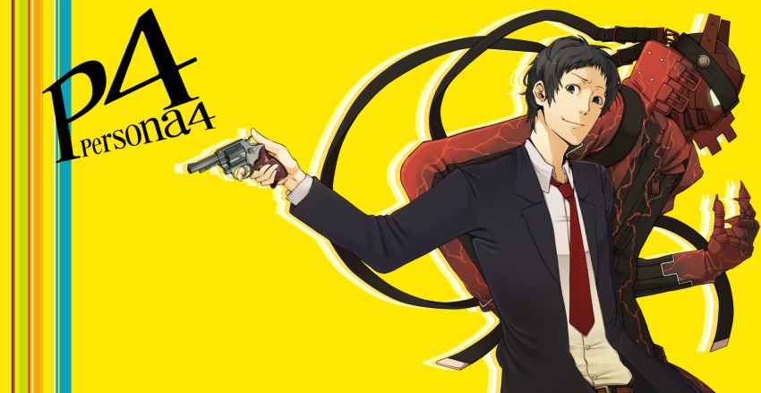 1boy adachi_tooru atlus bad_id bad_pixiv_id belt black_hair formal_clothes gun handgun highres izanagi_(persona_4) magatsu_izanagi male_focus necktie persona persona_4 revolver shirt simple_background spoilers suit weapon yuu_(kyuutai_kansetsu)