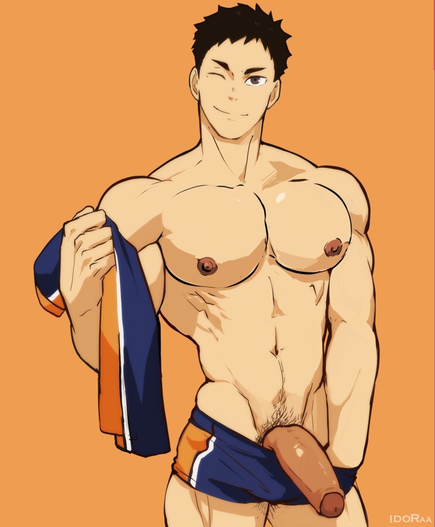 1boy artist_name bara black_hair brown_eyes closed_mouth clothing_aside collarbone cowboy_shot foreskin haikyuu!! highres holding holding_clothes holding_shirt idoraad large_pectorals looking_at_viewer male_focus male_pubic_hair multicolored_clothes multicolored_shirt multicolored_shorts muscular muscular_male navel nipples one_eye_closed orange_background pectorals penis penis_out pubic_hair sawamura_daichi shirt shorts shorts_aside simple_background smile solo sportswear topless_male volleyball_uniform