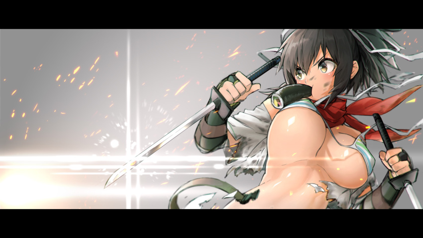 10s 1girl armor asuka_(senran_kagura) bad_id bad_pixiv_id bare_shoulders belt black_hair bra breasts bridal_gauntlets brown_eyes brown_hair burnt_clothes dirty dirty_face dual_wielding eating ehoumaki female_focus fingerless_gloves food food_in_mouth gloves grey_background hair_ribbon highres holding holding_sword holding_weapon japanese_armor kirii kote large_breasts lens_flare letterboxed long_hair looking_away looking_to_the_side makizushi motion_blur mouth_hold off_shoulder open_bra open_clothes open_shirt ponytail red_scarf ribbon scarf senran_kagura shirt solo stomach striped_bra striped_clothes sushi sword torn_clothes torn_shirt unaligned_breasts underboob underwear upper_body weapon white_ribbon white_shirt