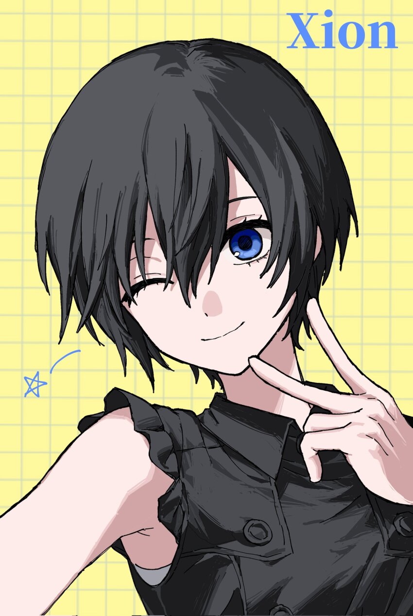 1girl black_dress blue_eyes character_name closed_mouth collared_dress commentary_request dress highres kingdom_hearts kingdom_hearts_iii korean_commentary looking_at_viewer official_alternate_costume one_eye_closed pppp6212 simple_background sleeveless sleeveless_dress smile solo v xion_(kingdom_hearts) yellow_eyes