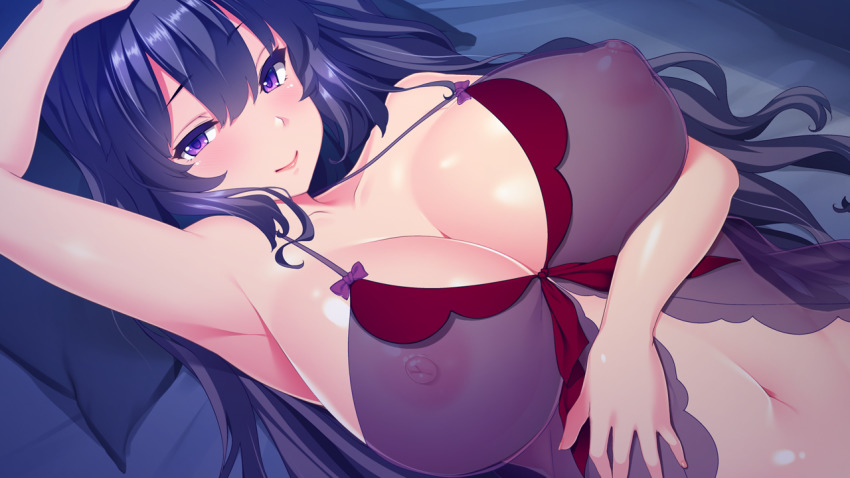 1girl arm_under_breasts arm_up armpits babydoll breasts closed_mouth game_cg huge_breasts lips long_hair looking_at_viewer lying navel nipples nonomiya_rinka purple_eyes purple_hair see-through_clothes see-through shiokonbu sister_lesson smile solo