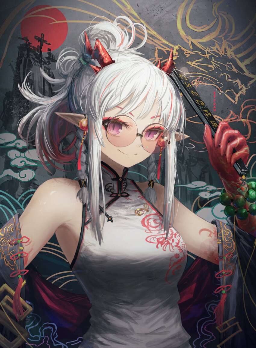 1girl absurdres arknights bare_shoulders bracelet china_dress chinese_clothes dragon_horns dress folding_fan franlol hand_fan highres horns jewelry looking_at_viewer nian_(arknights) nian_(unfettered_freedom)_(arknights) pointy_ears purple_eyes smile solo sunglasses white_hair