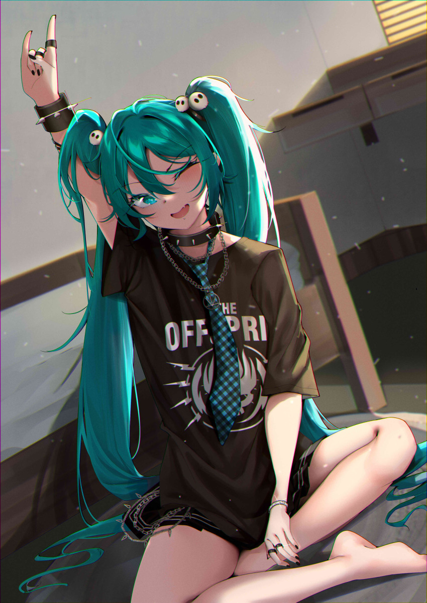 1girl ;d absurdres aqua_eyes aqua_hair aqua_necktie barefoot bed bedroom black_choker black_nails black_shirt blush choker fingernails hair_between_eyes hatsune_miku highres indoors jewelry kebohan long_hair looking_at_viewer multiple_rings necktie one_eye_closed open_mouth plaid_clothes plaid_necktie print_shirt ring shirt short_sleeves sitting smile solo t-shirt tongue twintails very_long_hair vocaloid