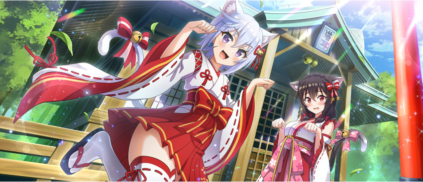 2girls :3 animal_ear_hairband animal_ears bell blue_sky blush bow braid breasts brown_hair cat_ear_hairband cat_ears chris_(konosuba) crown_braid day detached_sleeves facial_scar fake_animal_ears fake_tail falling_leaves from_below furrowed_brow game_cg grey_hair hair_between_eyes hair_bow hairband hakama hakama_short_skirt hakama_skirt highres japanese_clothes jingle_bell kimono kono_subarashii_sekai_ni_shukufuku_wo! konosuba!_fantastic_days large_breasts leaf light_blush long_hair looking_at_viewer looking_down low_twintails matching_outfits multiple_girls nontraditional_miko official_alternate_costume official_art open_mouth outdoors paw_pose pleated_skirt purple_eyes red_bow red_eyes red_ribbon red_skirt ribbon ribbon-trimmed_sleeves ribbon-trimmed_thighhighs ribbon_trim sandals scar scar_on_cheek scar_on_face short_hair shrine side_ahoge sidelocks skirt sky sleeveless sleeveless_kimono small_breasts standing standing_on_one_leg sunlight tabi tail tail_bow tail_ornament thighhighs thighs torii tree twintails white_kimono white_thighhighs wide_sleeves yunyun_(konosuba) zettai_ryouiki zouri