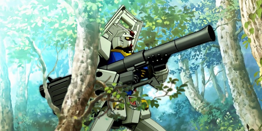 forest gundam hgmg mecha mobile_suit_gundam nature no_humans robot rocket_launcher rx-78-2 shield tree v-fin weapon