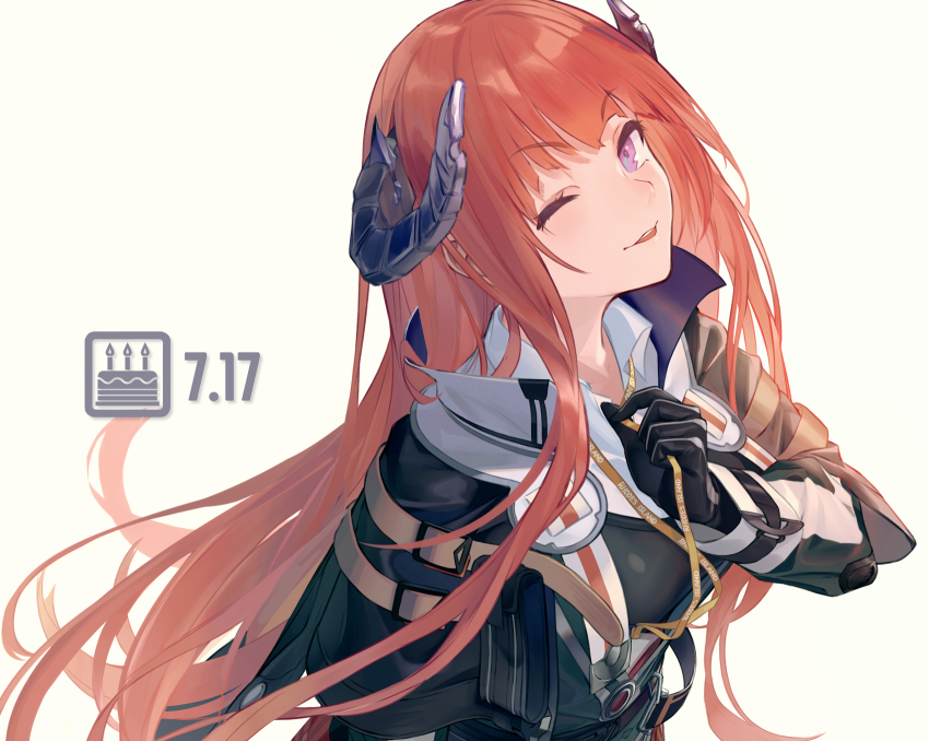 1girl arknights bagpipe_(arknights) birthday black_gloves dated dragon_horns gloves highres horns id_card long_hair long_sleeves looking_at_viewer one_eye_closed orange_hair parted_lips purple_eyes simple_background smile solo u_jie uniform upper_body very_long_hair white_background