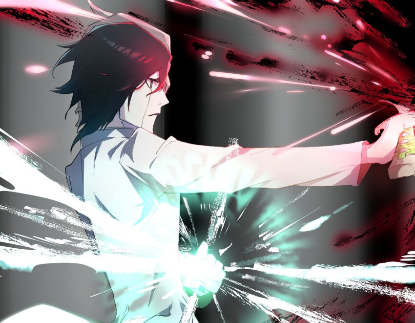 1boy aura battle black_hair bleach blurry blurry_background closed_mouth colored_skin commentary expressionless facial_mark fighting_stance floating_hair from_side green_eyes helmet highres hishui_prpr holding holding_sword holding_weapon incoming_attack katana long_sleeves looking_ahead male_focus outstretched_arm pointing pointing_at_viewer profile shirt short_hair solo sword ulquiorra_cifer upper_body weapon white_shirt white_skin