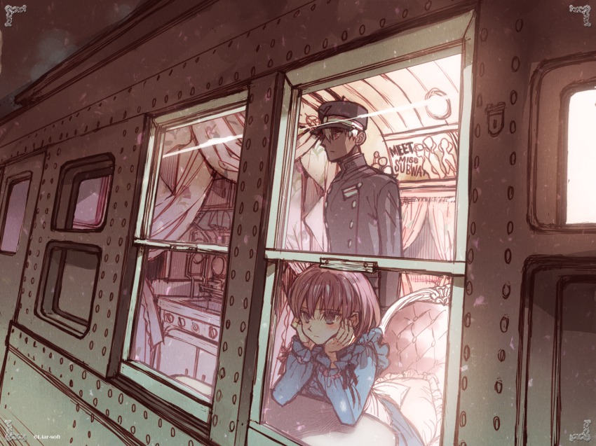 1boy 1girl a_(shiei_no_sona-nyl) akira_(kaned_fools) hat head_rest highres lily_(shiei_no_sona-nyl) shiei_no_sona-nyl short_hair steampunk_(liarsoft) train train_interior uniform