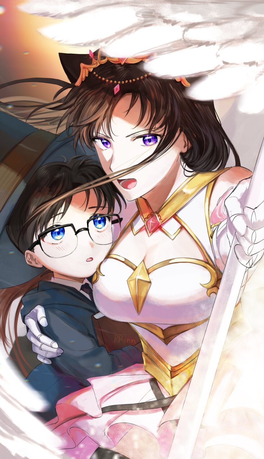 1boy 1girl :o absurdres alternate_costume alternate_universe black_necktie black_thighhighs blue_eyes blue_robe blurry book breasts brown_hair child cleavage cleavage_cutout clothing_cutout depth_of_field edogawa_conan glasses gloves hand_on_another&#039;s_back hat headdress highres holding holding_book holding_staff long_hair looking_at_another looking_at_viewer meitantei_conan mouri_ran necktie open_mouth parted_bangs ppxp53 protecting purple_eyes robe signature skirt staff thai_commentary thighhighs very_long_hair white_gloves white_wings wings witch_hat zettai_ryouiki