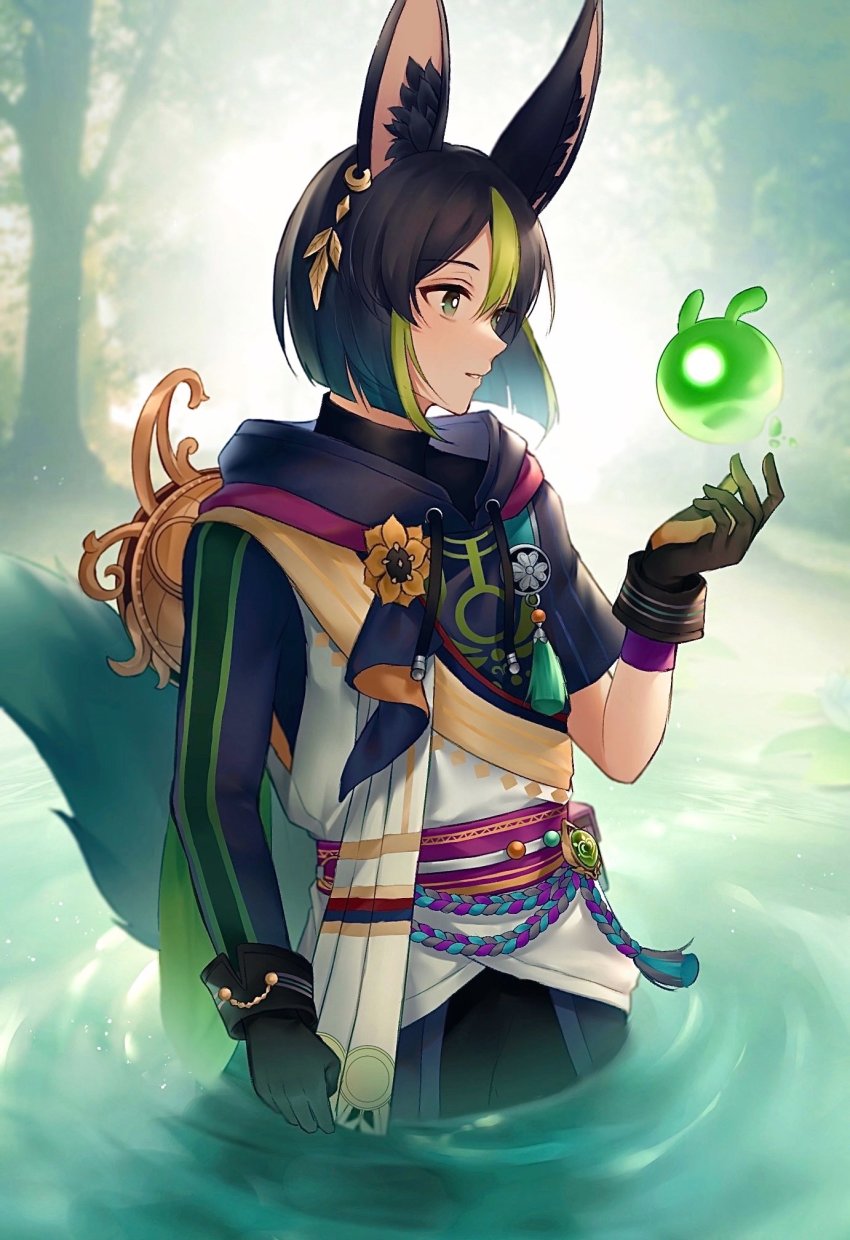 1boy animal_ear_fluff animal_ears arm_up asymmetrical_sleeves bad_id bad_twitter_id blunt_ends bright_pupils cape commentary_request drawstring earrings flower forest fox_boy fox_ears fox_tail genshin_impact green_eyes highres hood hood_down hoodie jacket jewelry looking_to_the_side male_focus medal multicolored_hair nature pouch rope_belt seelie_(genshin_impact) shin_(mac_no) single_earring solo streaked_hair tail tassel tighnari_(genshin_impact) two-tone_gloves vision_(genshin_impact) wading water white_pupils yellow_flower