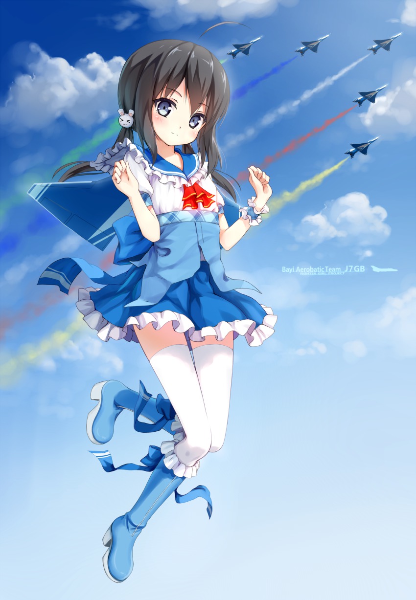 &gt;_&lt; 1girl :3 aircraft airplane black_hair blue_eyes blush chengdu_j-7 closed_eyes cloud female_focus hagi_(ame_hagi) hair_ornament highres long_hair looking_at_viewer mecha_musume original rabbit_hair_ornament skirt sky solo thighhighs twintails white_thighhighs wrist_cuffs zettai_ryouiki