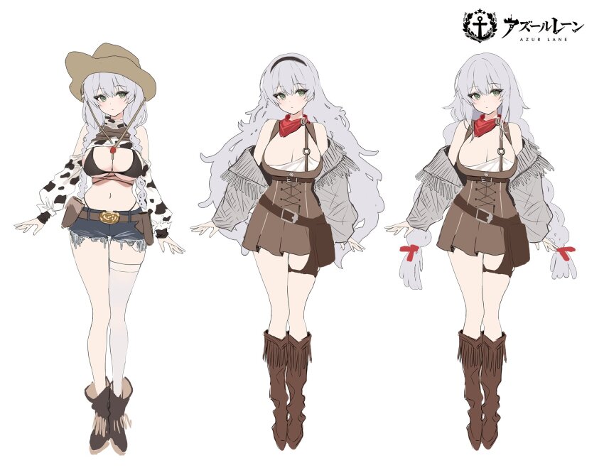 1girl azur_lane belt bikini black_bikini black_hairband breasts brown_belt brown_dress brown_footwear brown_hat character_sheet chungu cleavage closed_mouth concept_art copyright_name cowboy_hat dress fargo_(azur_lane) fargo_(dairy_in_the_dreary_sun)_(azur_lane) full_body grey_eyes grey_hair hair_ribbon hairband hat highres holster large_breasts long_hair long_sleeves looking_at_viewer navel neckerchief off_shoulder official_alternate_costume red_neckerchief red_ribbon ribbon short_shorts shorts simple_background single_thighhigh swimsuit thighhighs white_background white_thighhighs