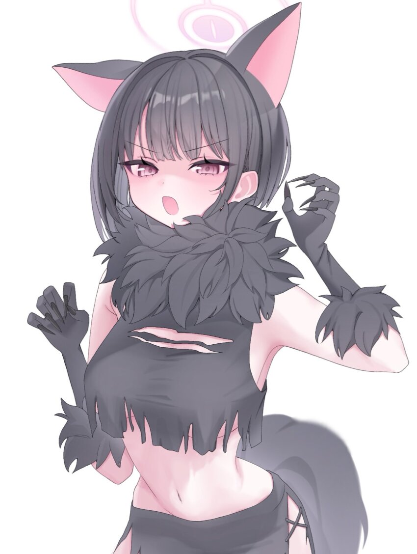 0219_142 1girl animal_ears black_collar black_gloves black_hair black_nails black_shirt black_skirt blue_archive blunt_bangs breasts cat_ears collar cowboy_shot crop_top crop_top_overhang fake_nails fake_tail fingernails fur-trimmed_gloves fur_collar fur_trim gao gloves halloween_costume halo highres kazusa_(blue_archive) kazusa_(halloween)_(blue_archive) leaning_forward navel open_mouth pink_halo red_eyes shaded_face sharp_fingernails shirt short_hair simple_background skirt sleeveless solo standing straight_hair tail torn_clothes torn_shirt torn_skirt tsurime underboob v-shaped_eyebrows werewolf_costume white_background wolf_tail