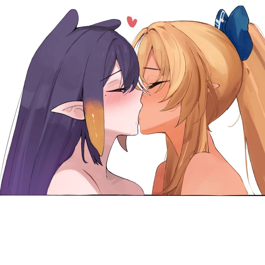 2girls blonde_hair blush bow breasts closed_eyes commentary dark-skinned_female dark_elf dark_skin elf english_commentary from_side gradient_hair hair_between_eyes hair_bow heart high_ponytail highres hololive hololive_english kiss ku_roiko long_hair multicolored_hair multiple_girls ninomae_ina&#039;nis nude orange_hair pointy_ears purple_hair shiranui_flare sidelocks simple_background straight_hair streaked_hair tentacle_hair virtual_youtuber white_background white_hair yuri