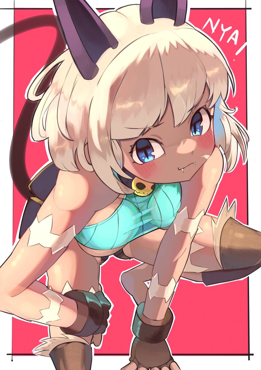 1girl absurdres blue_eyes blush bob_cut breasts cat_girl claws collar crop_top dark-skinned_female dark_skin detached_leggings fangs fingerless_gloves gloves hand_on_own_thigh highres large_breasts looking_at_viewer ms._fortune_(skullgirls) neck_bell osnmykk red_background scar short_hair skullgirls slit_pupils smile solo squatting white_hair