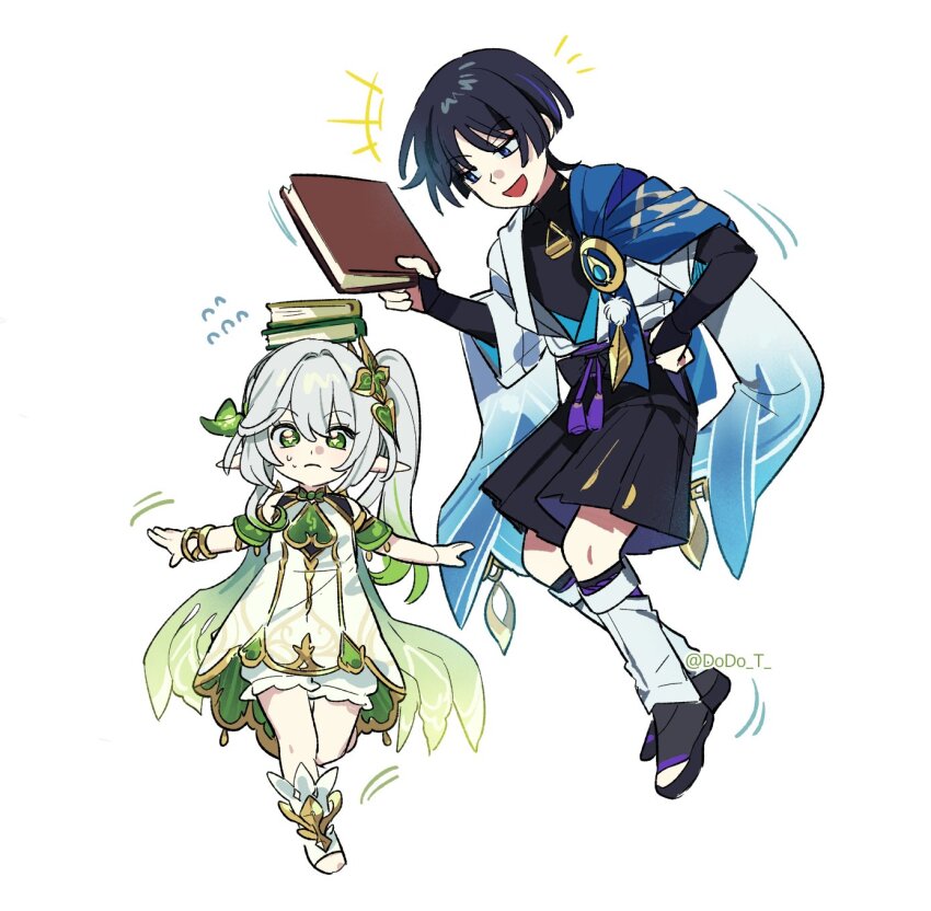 1boy 1girl armlet armor balancing balancing_on_head belt black_bodysuit black_hair black_shorts bloomers blue_cape blunt_ends bodysuit book book_on_head bow bracelet cape cross-shaped_pupils detached_sleeves dodo_t dress feathers floating flying_sweatdrops genshin_impact gold gradient_hair green_eyes green_hair green_sleeves hair_intakes hair_ornament hakama hakama_shorts hand_on_own_hip hand_up highres holding holding_book japanese_armor japanese_clothes jewelry kimono knees kote kurokote leaf leaf_hair_ornament mandarin_collar multicolored_hair nahida_(genshin_impact) object_on_head open_clothes open_kimono open_mouth open_vest outstretched_arms pointy_ears pom_pom_(clothes) purple_belt purple_eyes purple_hair sandals scaramouche_(genshin_impact) shorts side_ponytail sidelocks stirrup_footwear stirrup_legwear streaked_hair sweat symbol-shaped_pupils tassel toeless_footwear toeless_legwear twitter_username underwear vest vision_(genshin_impact) wanderer_(genshin_impact) white_background white_bloomers white_dress white_hair white_kimono white_vest