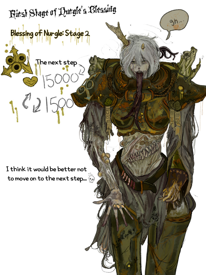 1girl absurdres adepta_sororitas armor backpack bag chaos_(warhammer) corruption detached_sleeves english_text extra_mouth gauntlets gloves highres horns kkghost_tv looking_at_viewer nurgle_(symbol) pauldrons power_armor purity_seal rotting shoulder_armor single_gauntlet single_horn solo sores tentacle_hands twitter_strip_game warhammer_40k white_hair