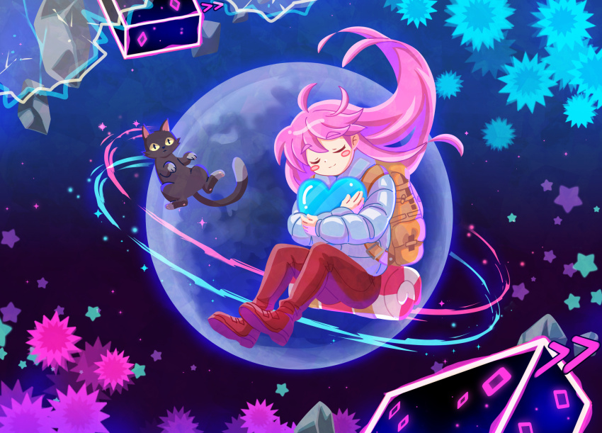 1girl ahoge blue_jacket cat celeste_(video_game) coat fuwamoko_momen_toufu heart highres jacket long_hair long_sleeves madeline_(celeste) moon pink_hair shirt solo very_long_hair winter_clothes winter_coat zipper