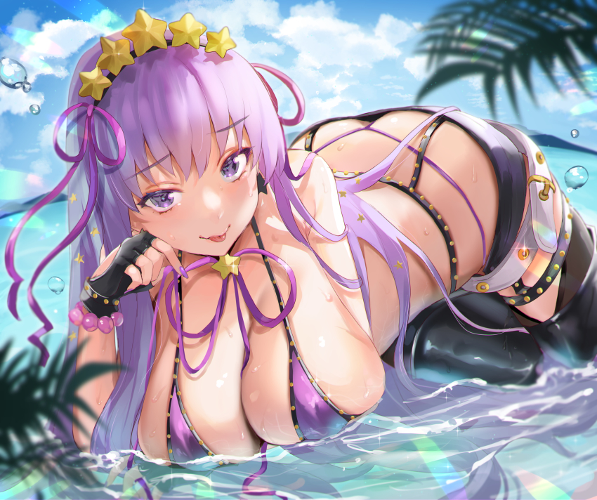 1girl absurdres ass bb_(fate) bb_(fate)_(all) bb_(swimsuit_mooncancer)_(fate) bikini bishooji bisyo_oji breasts cleavage downpants fate/grand_order fate_(series) hanging highres huge_breasts looking_at_viewer lying nail_polish on_stomach purple_hair solo swimsuit teasing thong tongue tongue_out water whale_tail_(clothing)