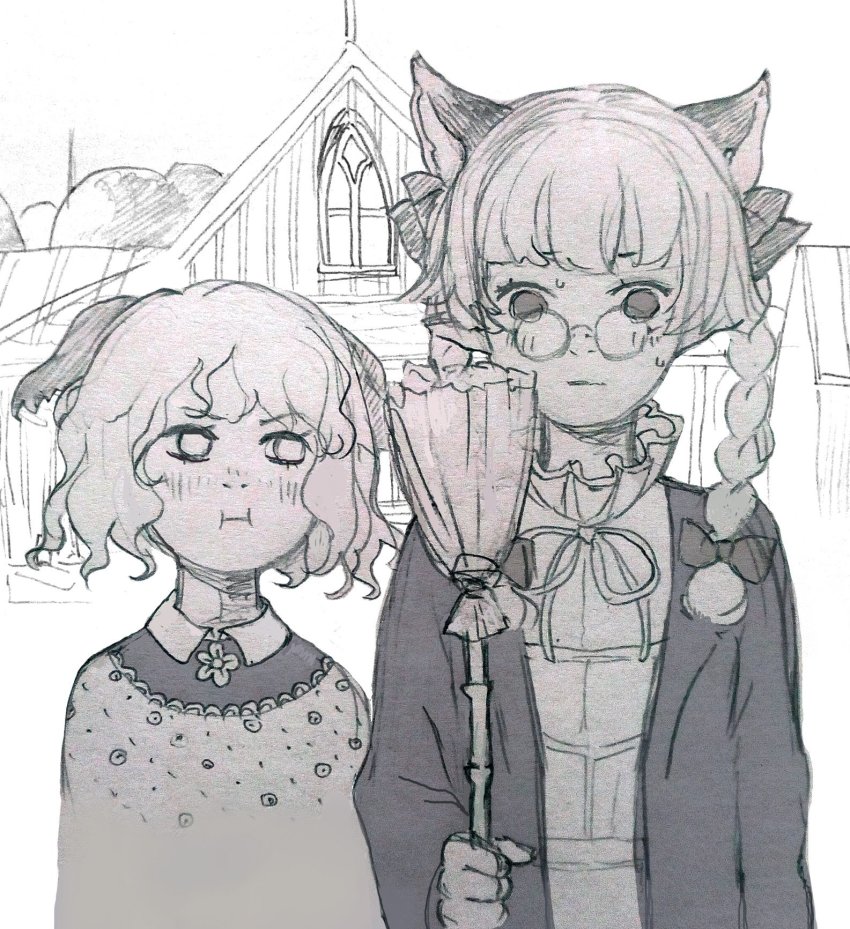 2girls :i alternate_costume american_gothic animal_ears bolo_tie braid broom cat_ears closed_mouth commentary dog_ears dress extra_ears fine_art_parody glasses green_eyes green_hair hair_ribbon highres holding kaenbyou_rin kasodani_kyouko monochrome multiple_girls parody pointy_ears pout red_eyes red_hair ribbon shirt short_hair sketch svveetberry touhou twin_braids window