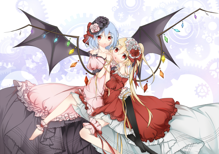 2girls alternate_hairstyle ankle_cuffs arm_ribbon bare_shoulders barefoot bat_wings blonde_hair blue_hair dress female_focus flandre_scarlet flower hair_flower hair_ornament holding_hands highres huayue large_wings bridal_garter looking_at_viewer multiple_girls no_headwear no_headwear red_eyes remilia_scarlet ribbon short_hair siblings side_ponytail sisters thighhighs touhou wings