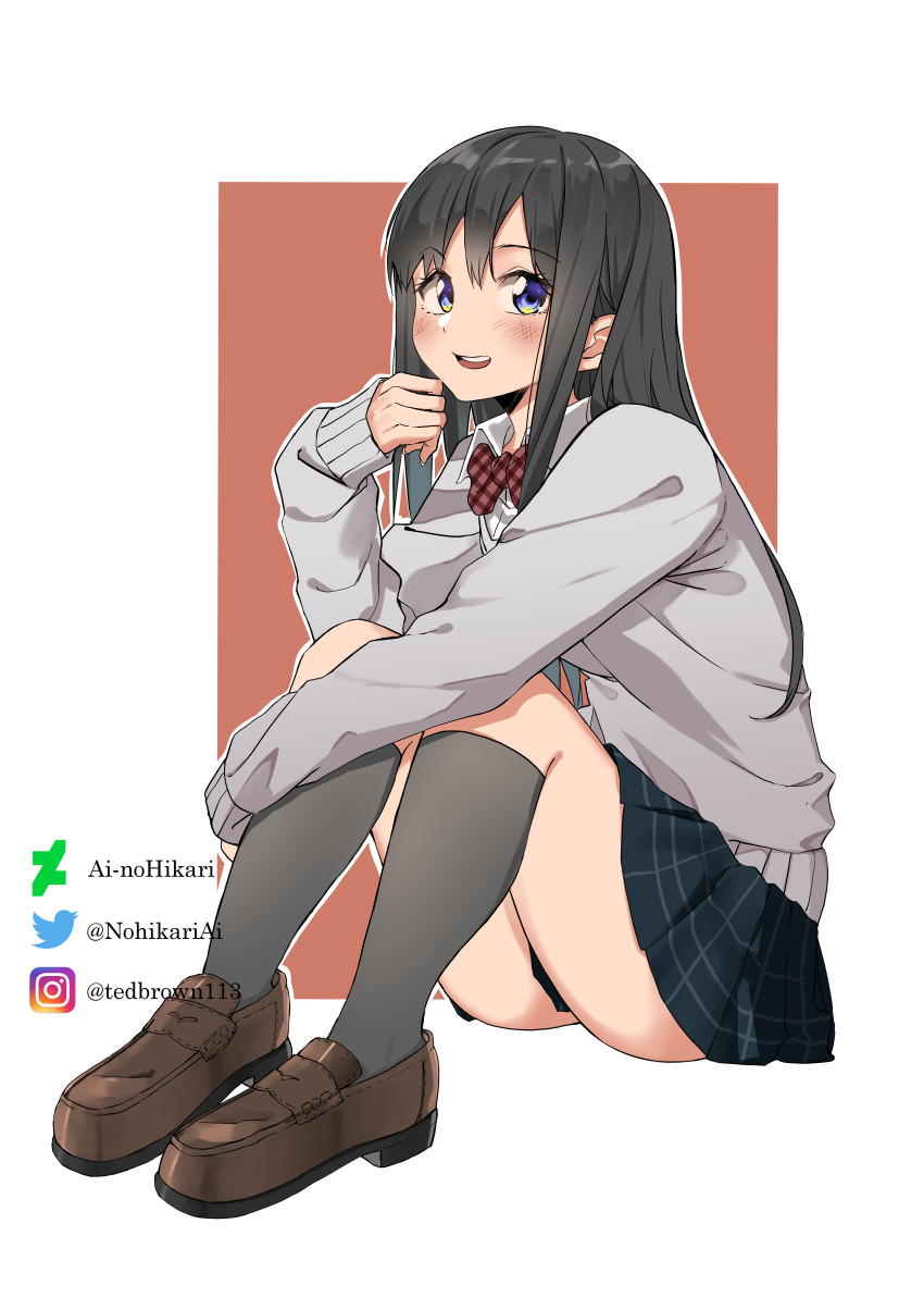 1girl absurdres ai-nohikari black_hair blue_eyes blue_skirt blush bow bowtie brown_footwear collared_shirt commentary deviantart_logo deviantart_username english_commentary full_body grey_socks grey_sweater hair_between_eyes hand_on_own_leg highres instagram_logo instagram_username kneehighs loafers long_hair long_sleeves looking_at_viewer open_mouth original outline plaid_bow plaid_bowtie plaid_clothes plaid_skirt pleated_skirt red_background school_uniform shirt shoes sitting skirt smile socks straight_hair sweater teeth thighs twitter_logo twitter_username two-tone_background upper_teeth_only watermark white_background white_outline white_shirt