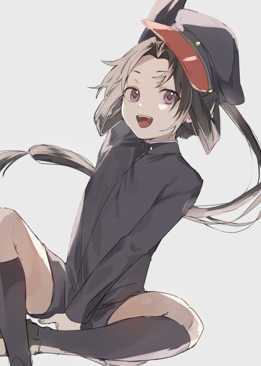 1boy :d arm_up between_legs black_hair black_hat black_jacket black_shorts black_socks butterfly_sitting dutch_angle feet_out_of_frame film_grain floating_hair gakuran grey_background hand_between_legs hand_on_ground hand_up hat high_collar highres houjou_tokiyuki_(nige_jouzu_no_wakagimi) jacket kneehighs loafers long_hair long_sleeves looking_at_viewer low-tied_long_hair male_focus mthsei nige_jouzu_no_wakagimi official_alternate_costume open_mouth parted_bangs peaked_cap ponytail purple_eyes school_uniform shoes short_shorts shorts sidelocks_tied_back simple_background sitting smile socks solo very_long_hair