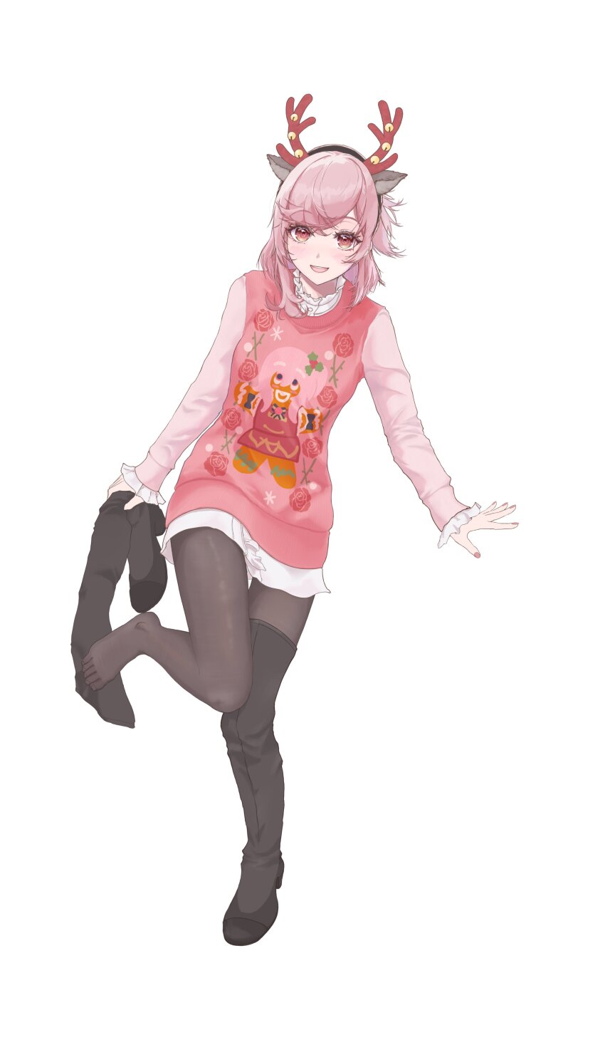 1girl :d absurdres animal_ears black_pantyhose blush boots breasts deer_ears fake_animal_ears fake_antlers full_body highres knee_boots long_sleeves medium_hair nijisanji nijisanji_en open_mouth pantyhose pink_hair pink_nails pink_sweater red_eyes removing_shoes ro_argonauta rosemi_lovelock simple_background sleeves_past_wrists small_breasts smile solo standing standing_on_one_leg sweater toes virtual_youtuber white_background