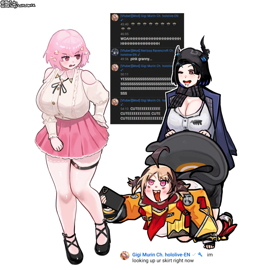 3girls absurdres ahoge asymmetrical_horns bare_shoulders black_hair black_horns black_ribbon black_scarf black_shoes blaparky blush breasts brown_hair cellphone center_frills chat_log coat collared_shirt commentary demon_horns drooling english_commentary english_text frilled_shirt frills gigi_murin gigi_murin_(1st_costume) highres holding holding_phone hololive hololive_english horns huge_breasts jacket knees long_sleeves looking_to_the_side medium_hair mole mole_under_eye mori_calliope mori_calliope_(10th_costume) multiple_girls nerissa_ravencroft nerissa_ravencroft_(casual) official_alternate_costume one_eye_closed open_mouth phone pink_eyes pink_hair pink_skirt purple_coat ribbon scarf sharp_teeth shirt simple_background skirt smartphone teeth thigh_strap thighs tongue tongue_out twitter_username uneven_horns virtual_youtuber white_background white_shirt yellow_jacket