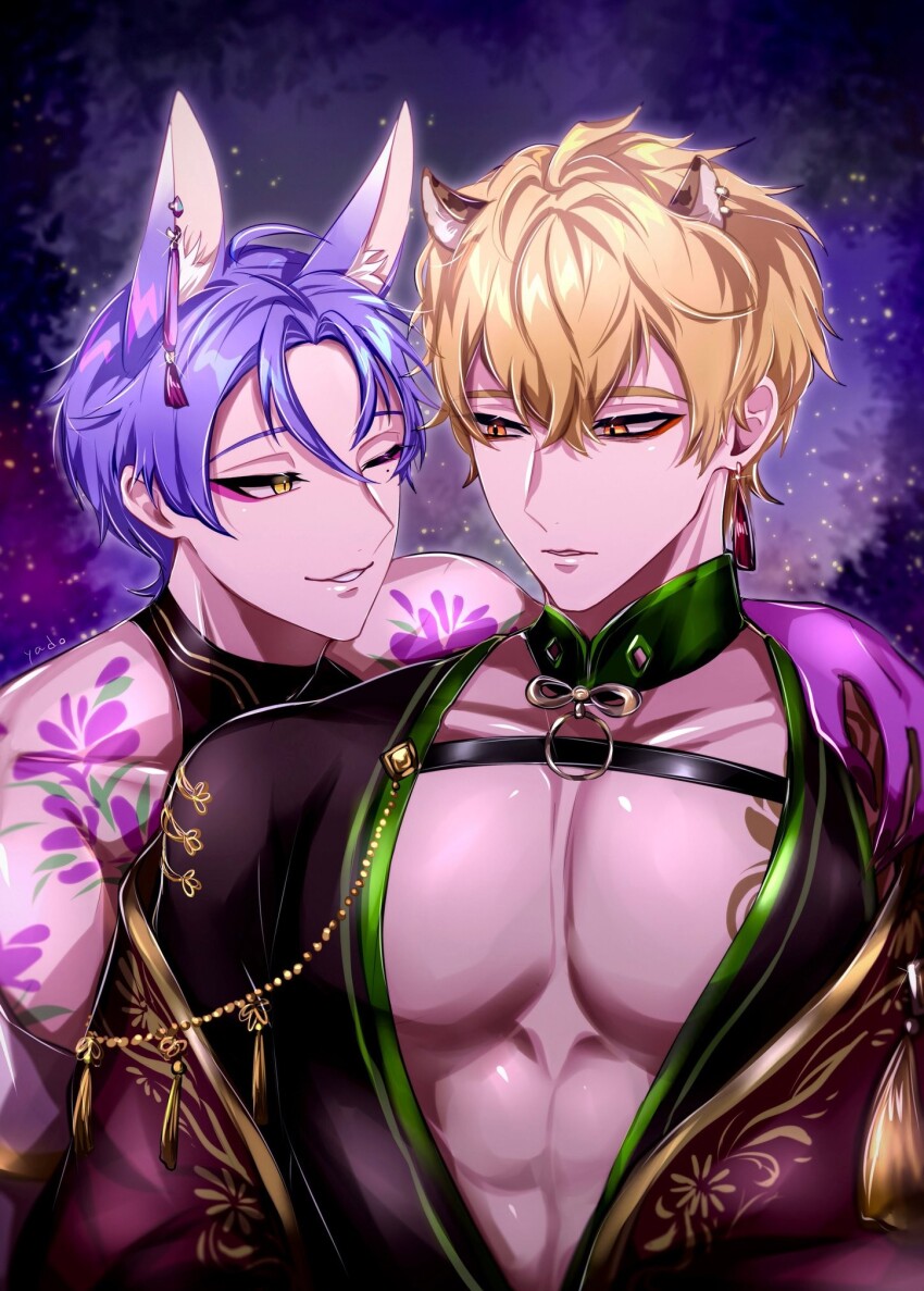 2boys animal_ear_fluff animal_ears blonde_hair cheetah_boy cheetah_ears dirty_blonde earrings fingernails fox_boy fox_ears highres jewelry kuya_(nu_carnival) looking_at_another male_focus mole mole_under_eye multiple_boys nu_carnival one_eye_closed orange_eyes parted_lips pectoral_cleavage pectorals purple_hair quincy_(nu_carnival) sharp_fingernails short_hair shoulder_tattoo sleeveless slit_pupils smug tattoo teeth wink yadome810 yellow_eyes