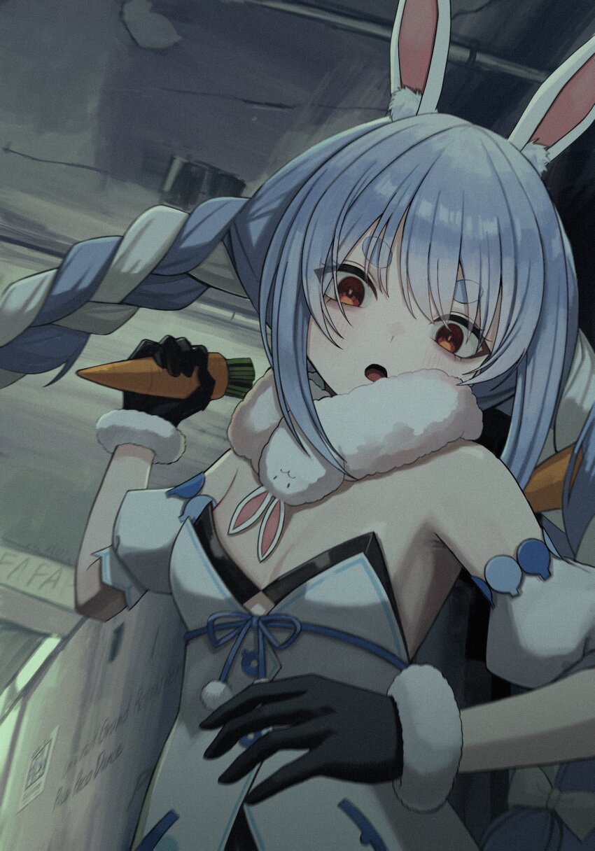 1girl animal_ear_fluff animal_ears bare_shoulders black_gloves black_leotard blue_hair bow braid breasts bright_pupils carrot carrot_hair_ornament coat_dress commentary dark detached_sleeves don-chan_(usada_pekora) dress eyelashes film_grain food-themed_hair_ornament from_below from_side fur-trimmed_gloves fur_scarf fur_trim gloves hair_between_eyes hair_bow hair_ornament hair_ribbon hand_on_own_hip hand_up hashtag-only_commentary highres hikimayu holding holding_carrot hololive improvised_weapon incoming_attack indoors leotard leotard_under_clothes light_blush long_hair looking_at_viewer looking_down looking_to_the_side multicolored_hair open_mouth puffy_short_sleeves puffy_sleeves rabbit-shaped_pupils rabbit_ears rabbit_girl red_eyes reverse_grip ribbon sakiika0513 scarf short_eyebrows short_sleeves small_breasts solo stab strapless strapless_leotard symbol-shaped_pupils thick_eyebrows twin_braids two-tone_hair upper_body usada_pekora usada_pekora_(1st_costume) very_long_hair virtual_youtuber white_bow white_hair white_ribbon white_scarf wooden_ceiling wooden_wall