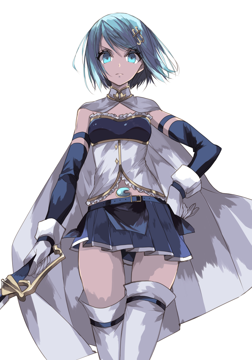 1girl absurdres blue_eyes blue_hair breasts capelet cloak detached_sleeves expressionless fortissimo gloves hair_ornament hand_on_own_hip highres looking_at_viewer mahou_shoujo_madoka_magica mahou_shoujo_madoka_magica_(anime) midriff miki_sayaka miki_sayaka_(magical_girl) misteor musical_note musical_note_hair_ornament saber_(weapon) short_hair small_breasts solo sword thighhighs thighs weapon white_background white_capelet white_gloves white_thighhighs zettai_ryouiki